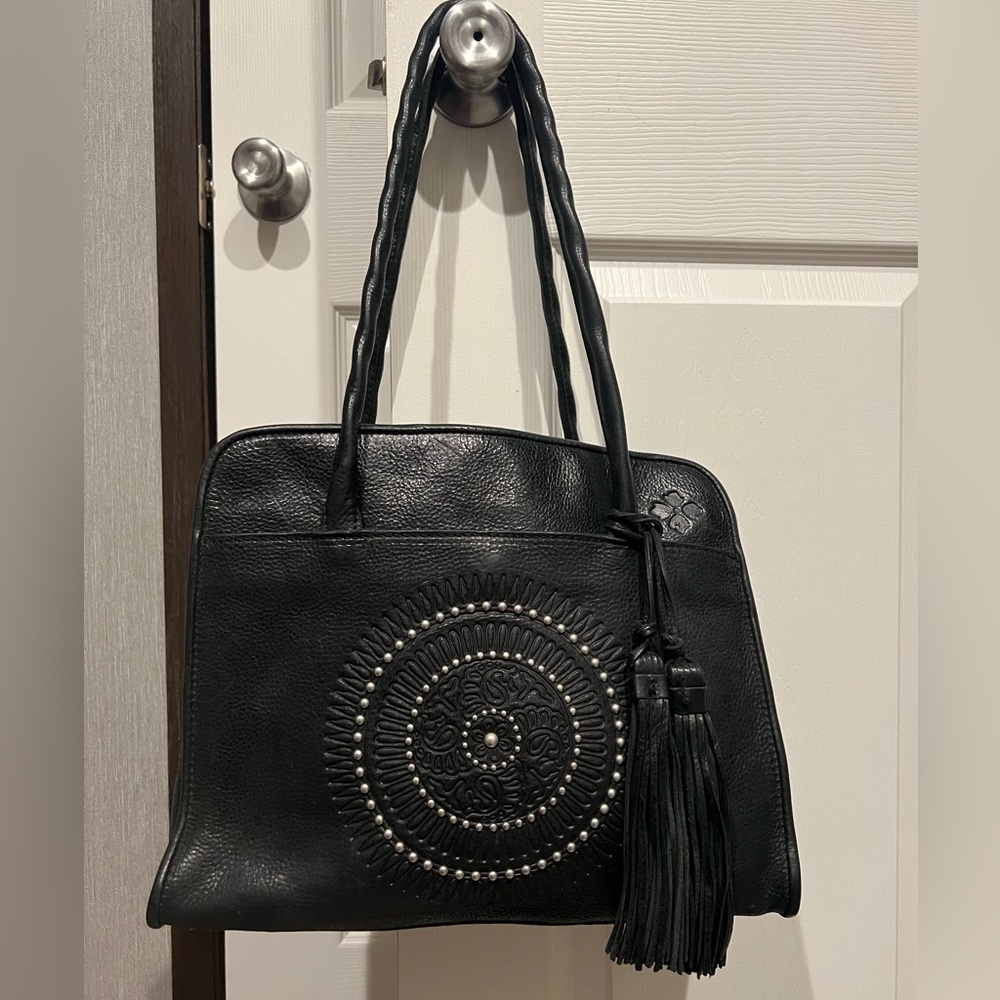 Patricia Nash Black Leather Studded Medallion Tote with Tassel